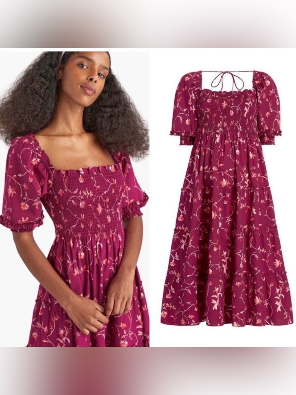 Hill House The Nesli Nap Dress Large Burgundy Botanical Cottagecore Boho
